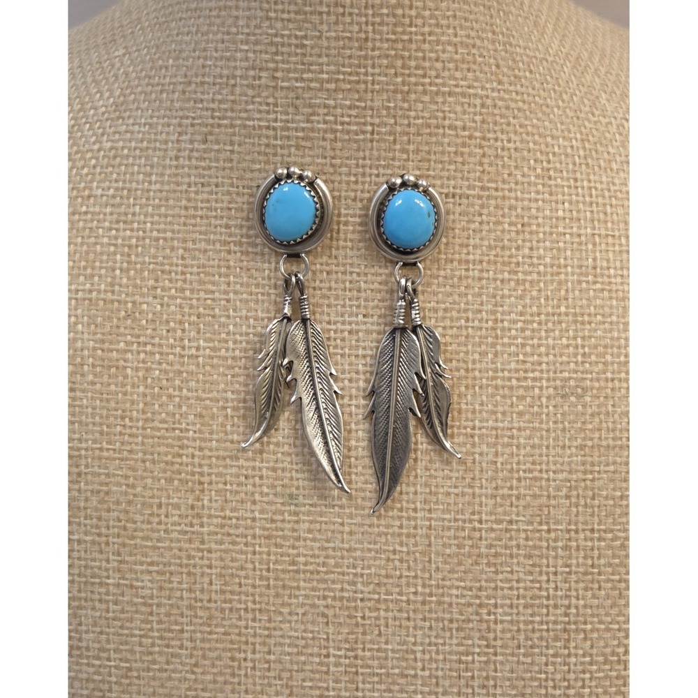 Vintage Richard Begay Navajo Sterling Silver & Turquoise Feather Dangle Earrings